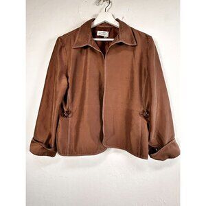 Adrianna Papell Womens Open Front Silk Blazer Jacket Size 16 Brown Lightweight